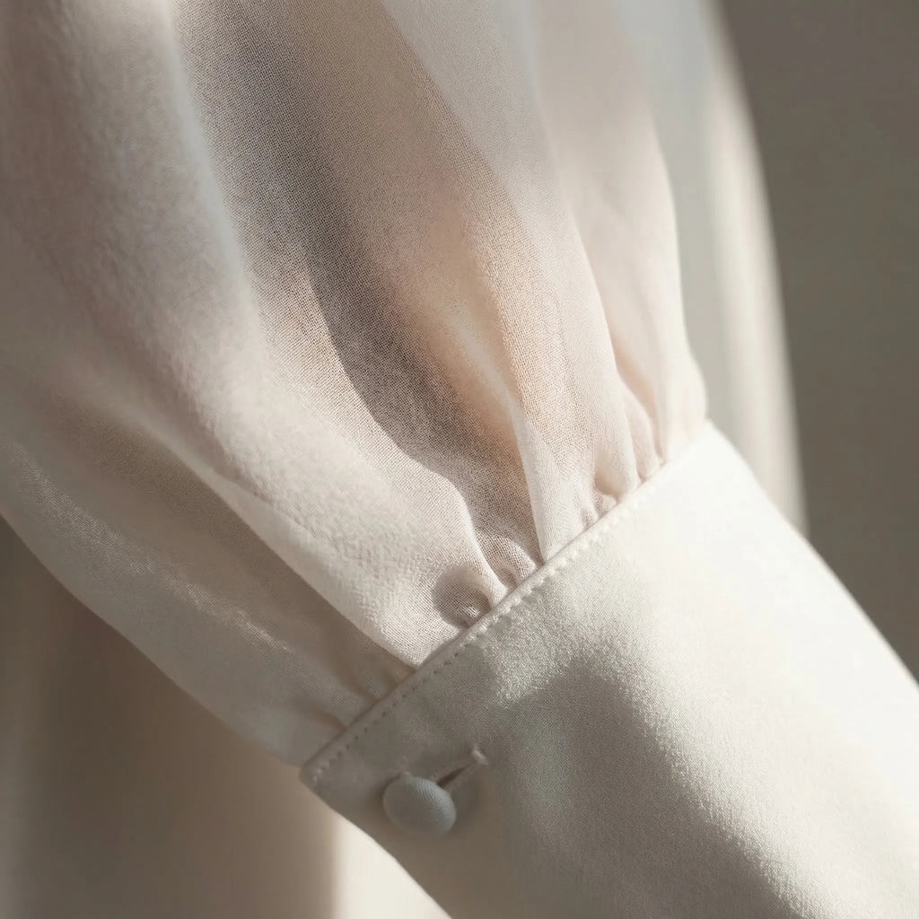 Women's wedding dress detail showing deep V-neckline and puff sleeves