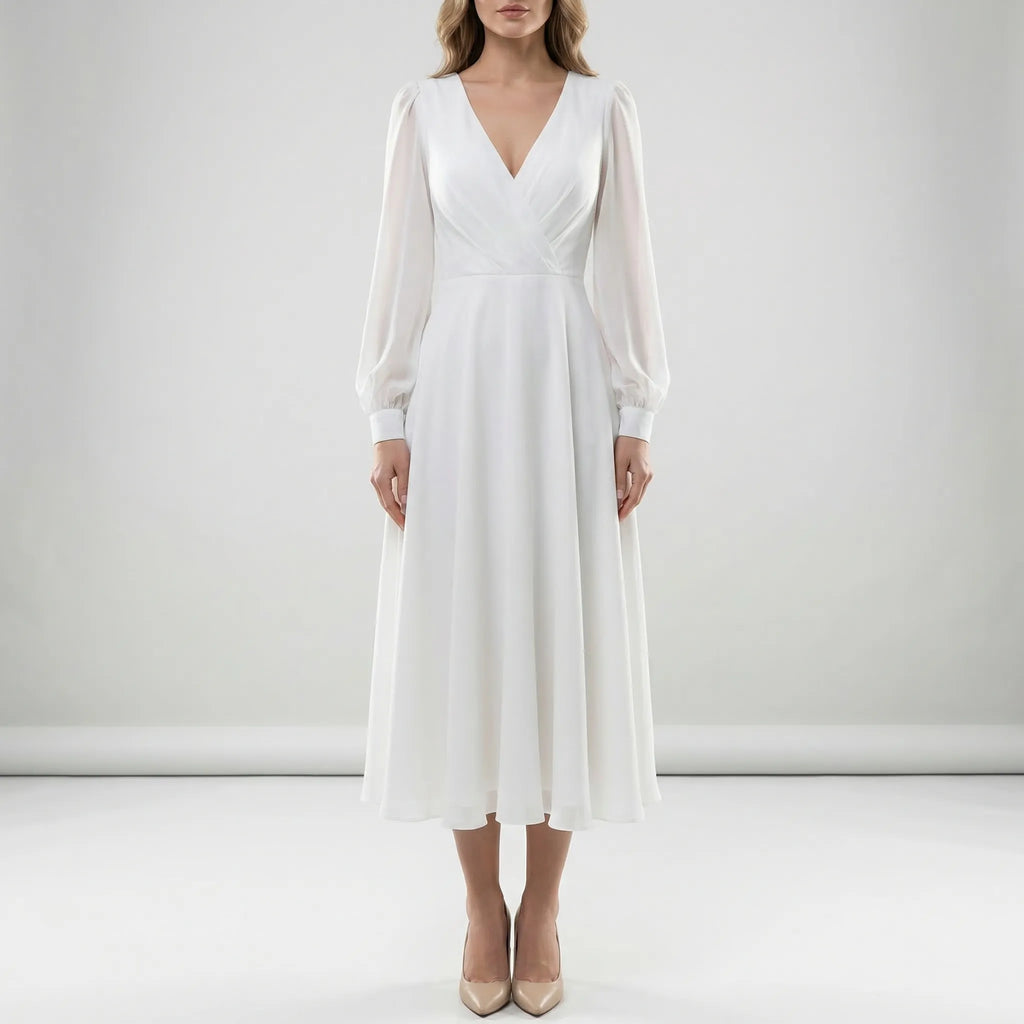 Women's classic long sleeve flowing wedding dress, front view
