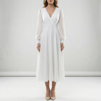 Women's classic long sleeve flowing wedding dress, front view