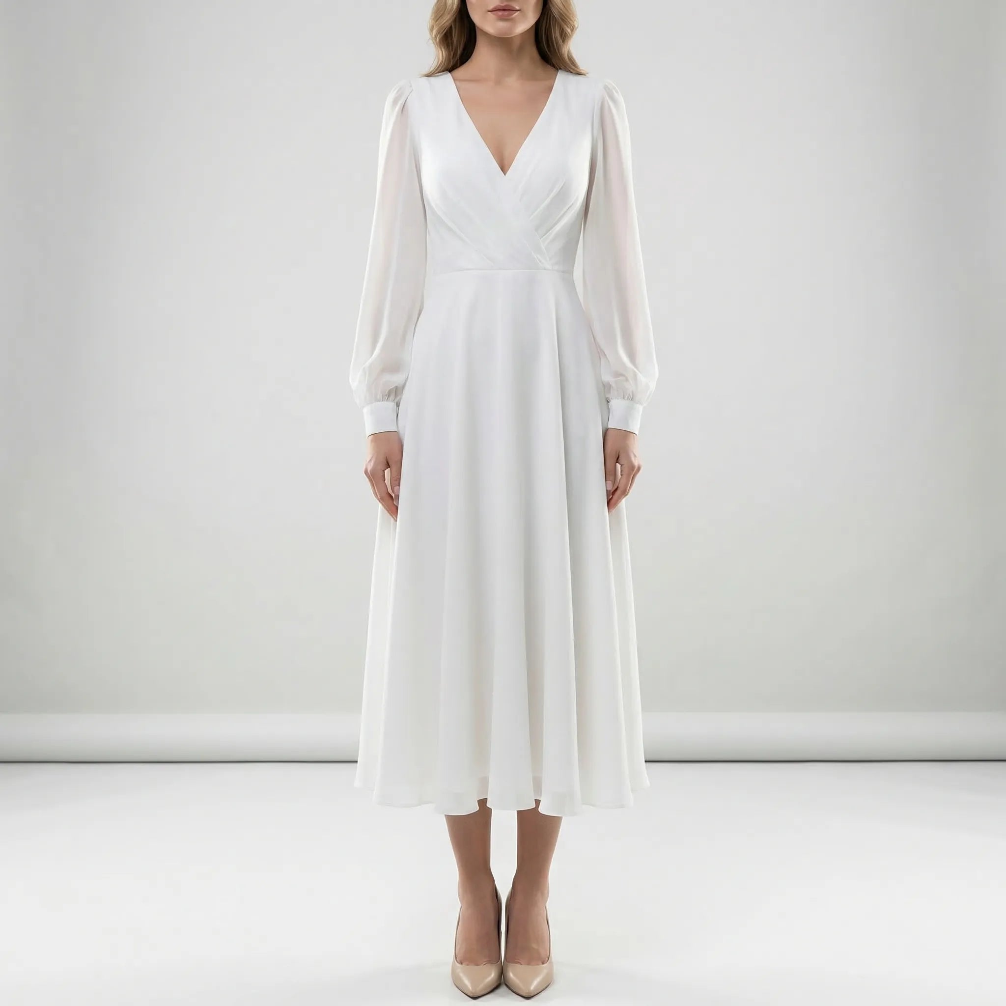 Women's classic long sleeve flowing wedding dress, front view