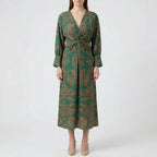 Women's botanical print A-line midi dress, full length flowing silhouette