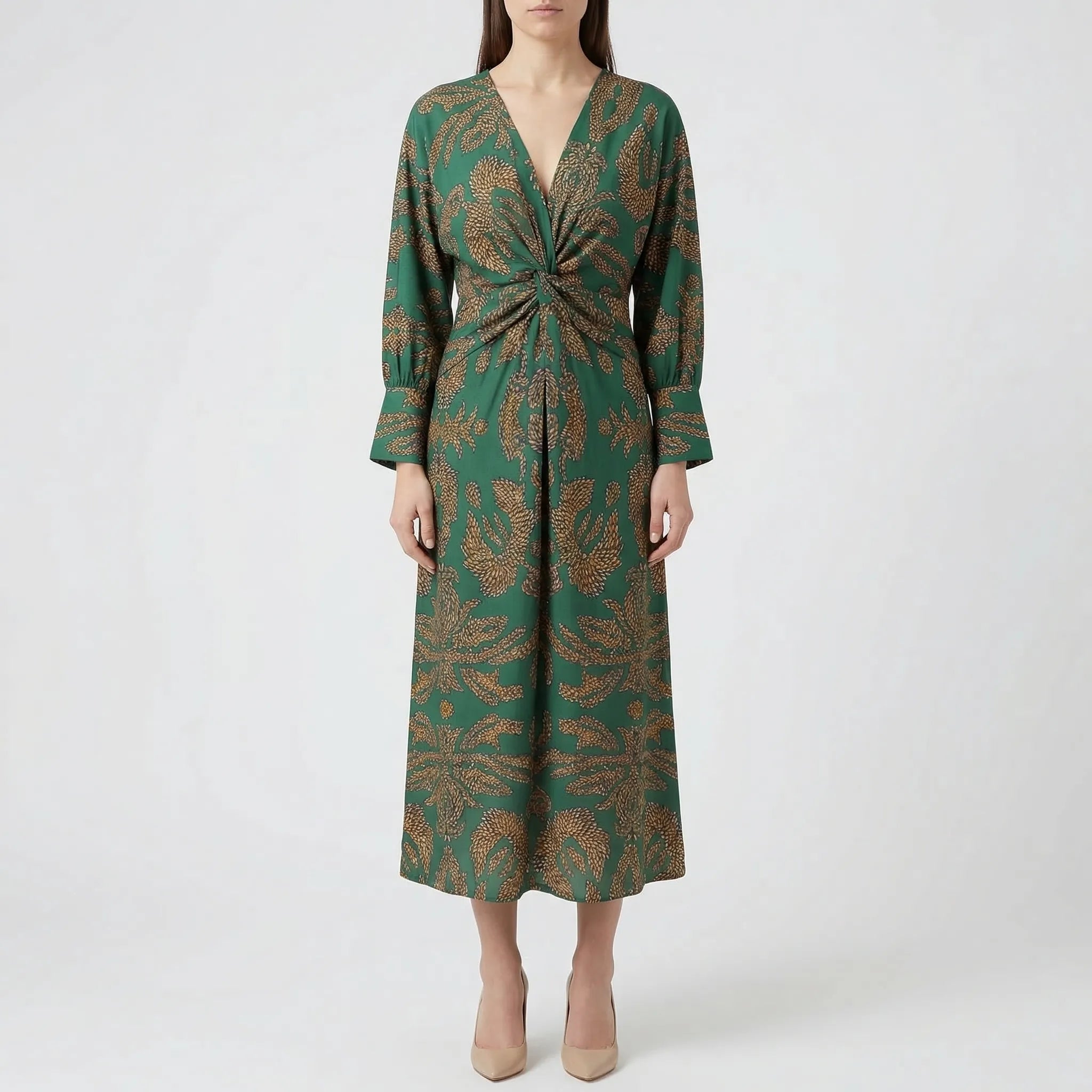 Women's botanical print A-line midi dress, full length flowing silhouette