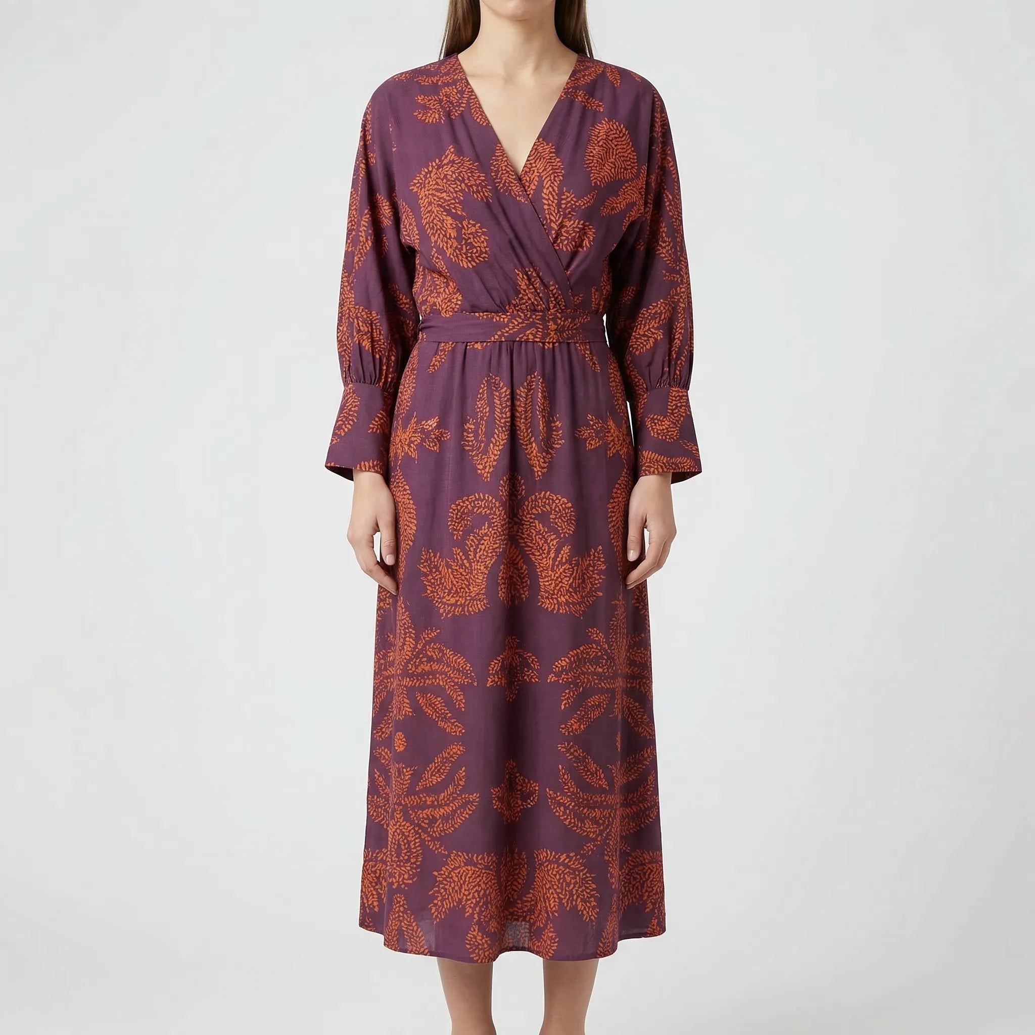 Women's botanical print A-line midi dress, alternate angle front view