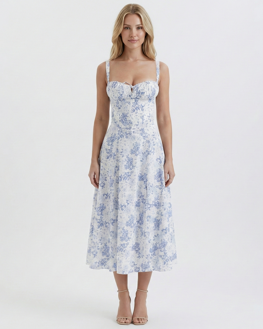 Women's floral square neck midi dress in blue – ruched bust front view