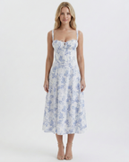 Women's floral square neck midi dress in blue – ruched bust front view