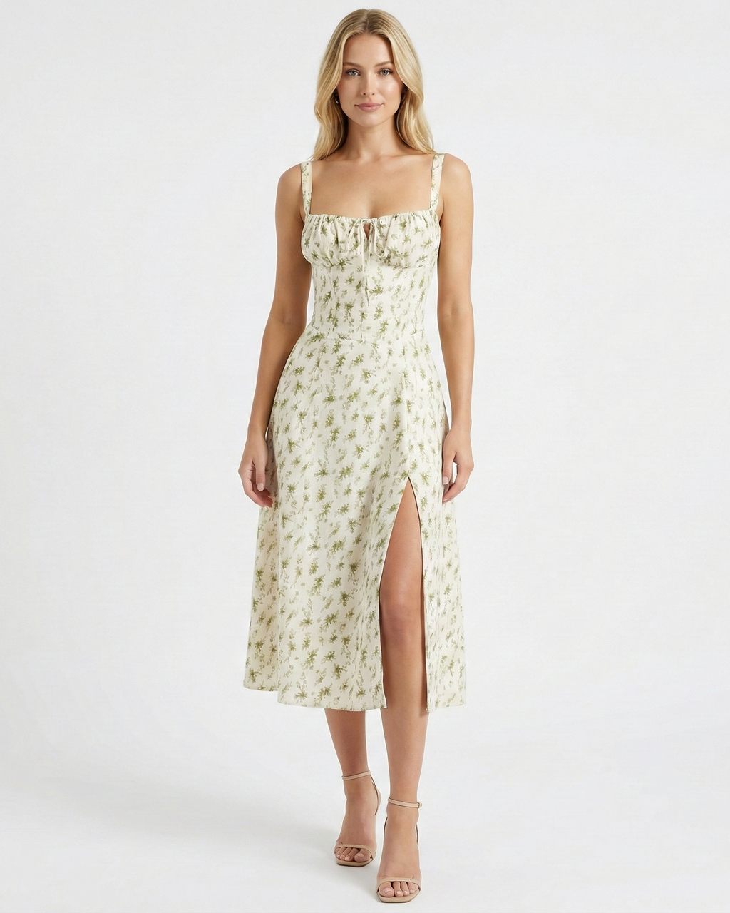 Women's floral square neck midi dress in white – ruched bust front view