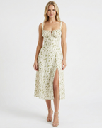 Women's floral square neck midi dress in white – ruched bust front view