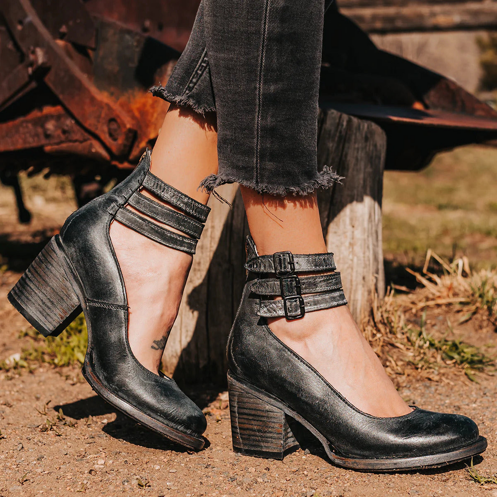 Women's block heel ankle strap shoes styled for dinner