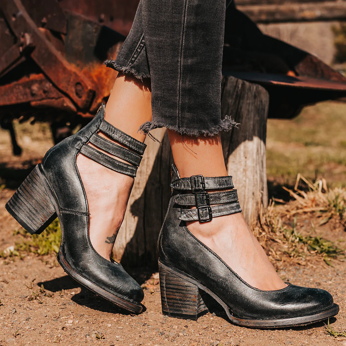 Women's block heel ankle strap shoes styled for dinner