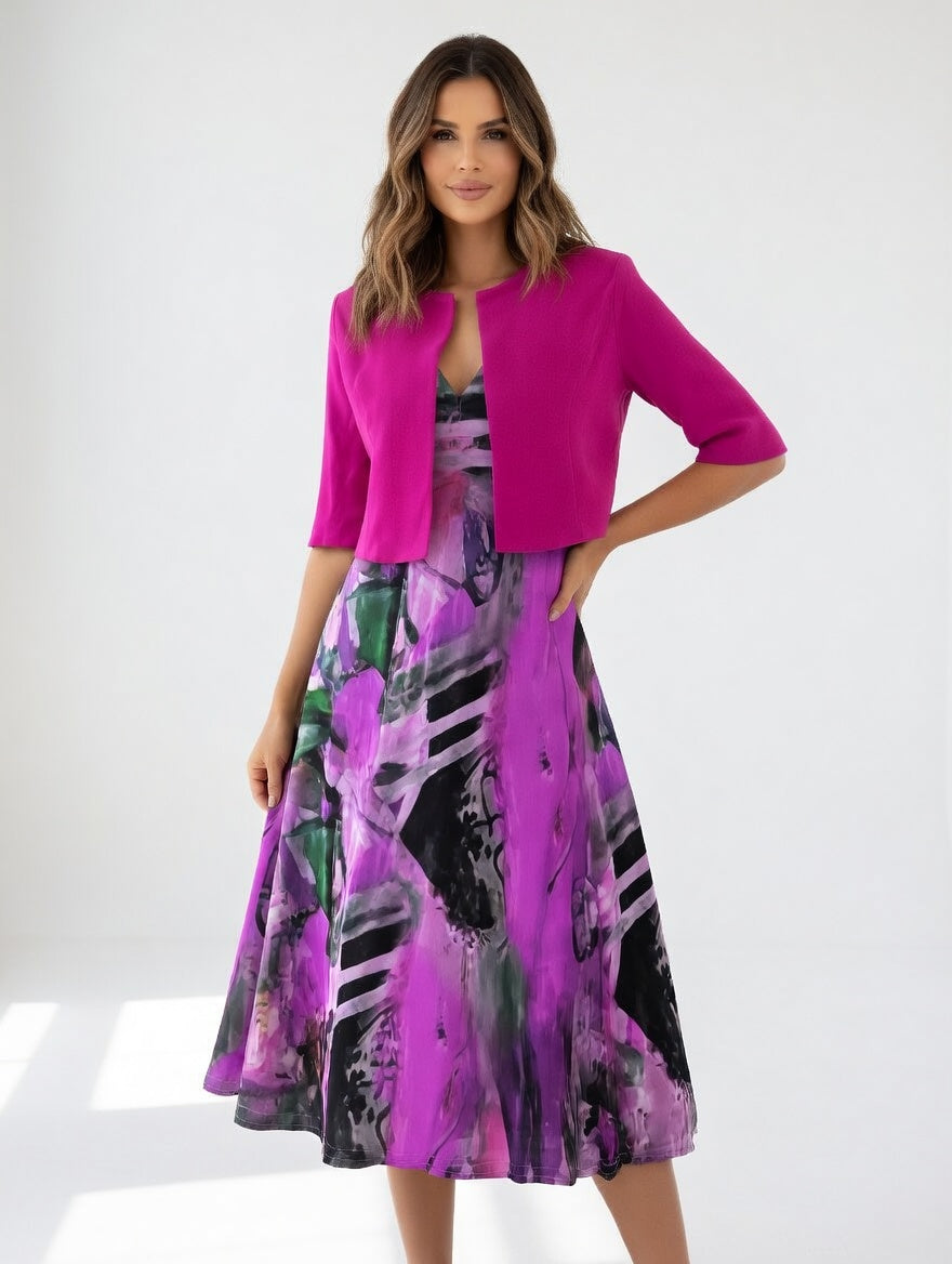 Violet printed midi dress with matching bolero | Alba Muse
