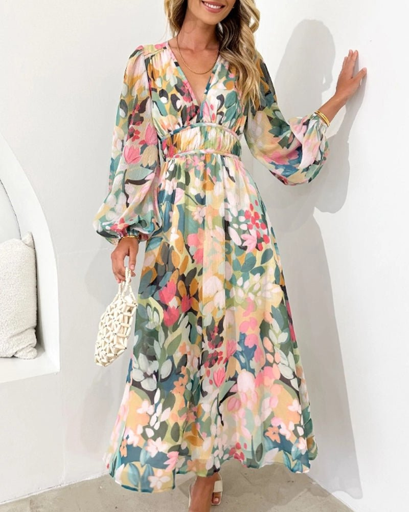Violette chiffon floral puff sleeve midi dress, full length view