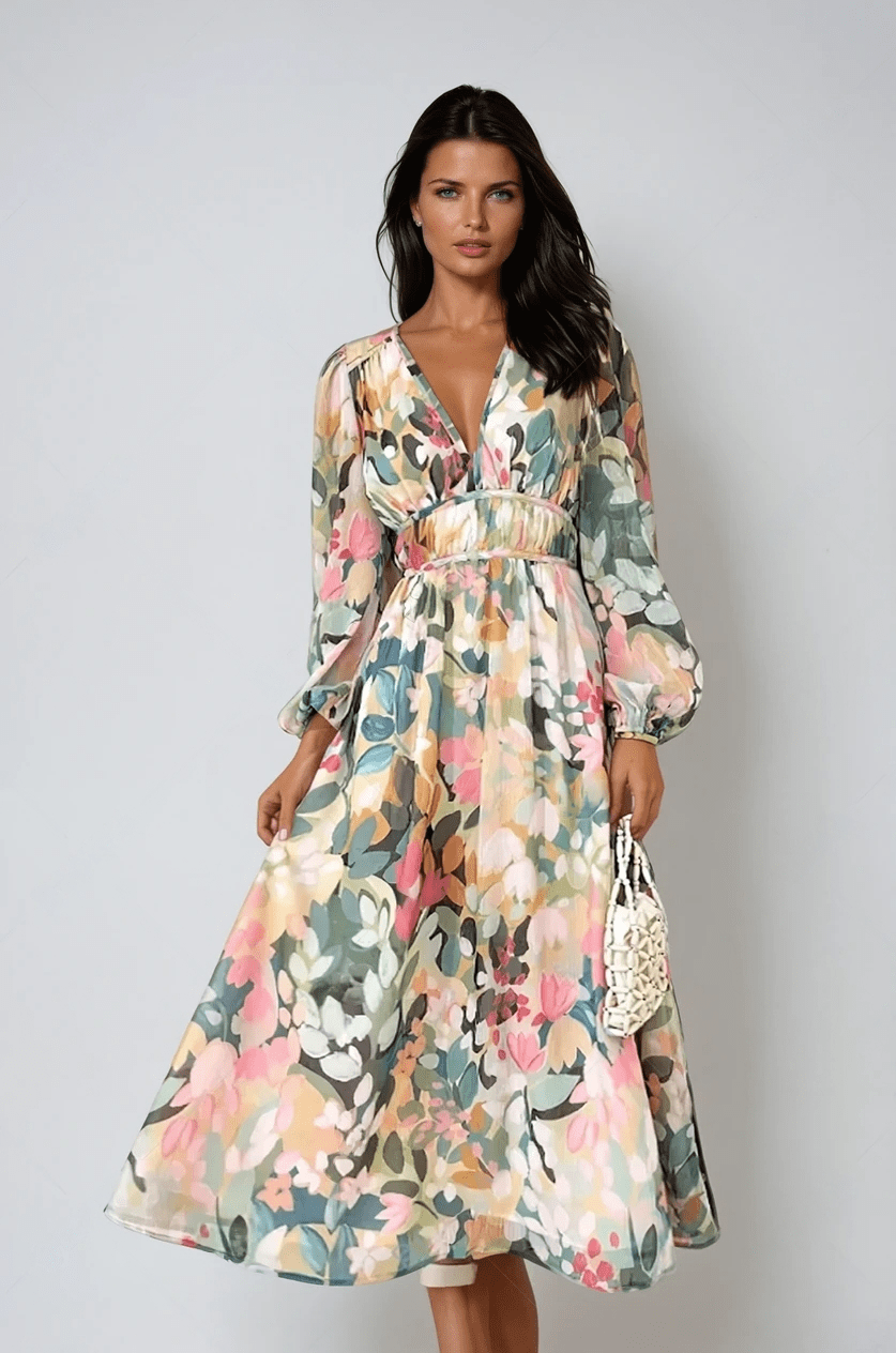 Violette chiffon floral puff sleeve midi dress, front view
