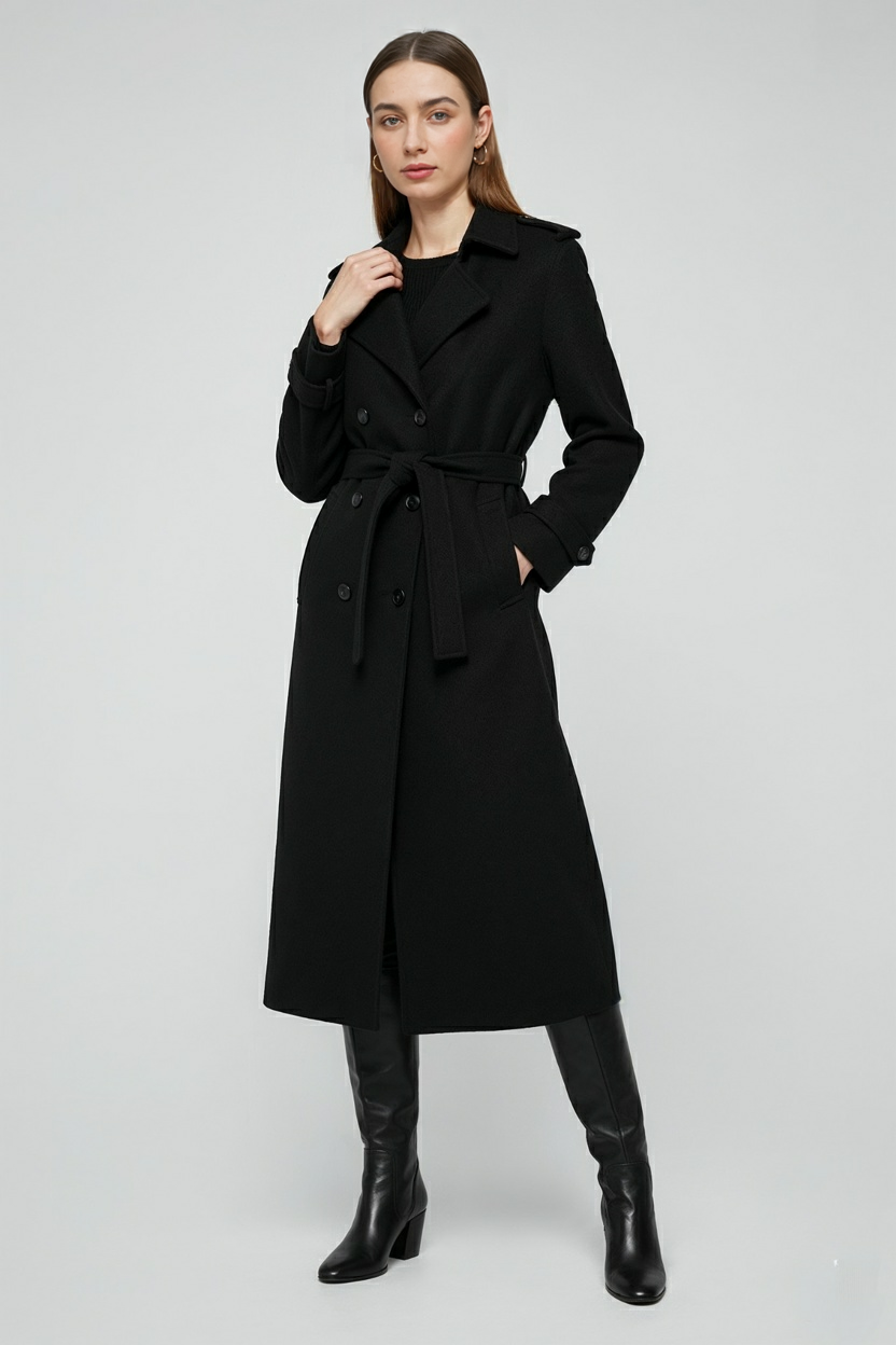 Women's Long Black Coat with Belt