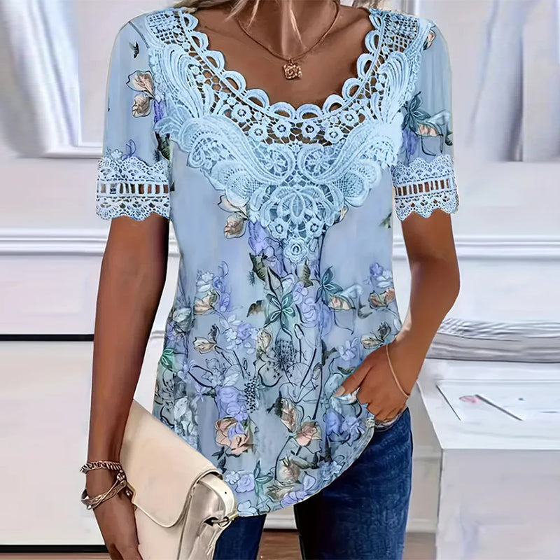 Floral print ruffle sleeve top, detail view