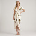 Floral wrap midi dress with flutter sleeves in white, front view