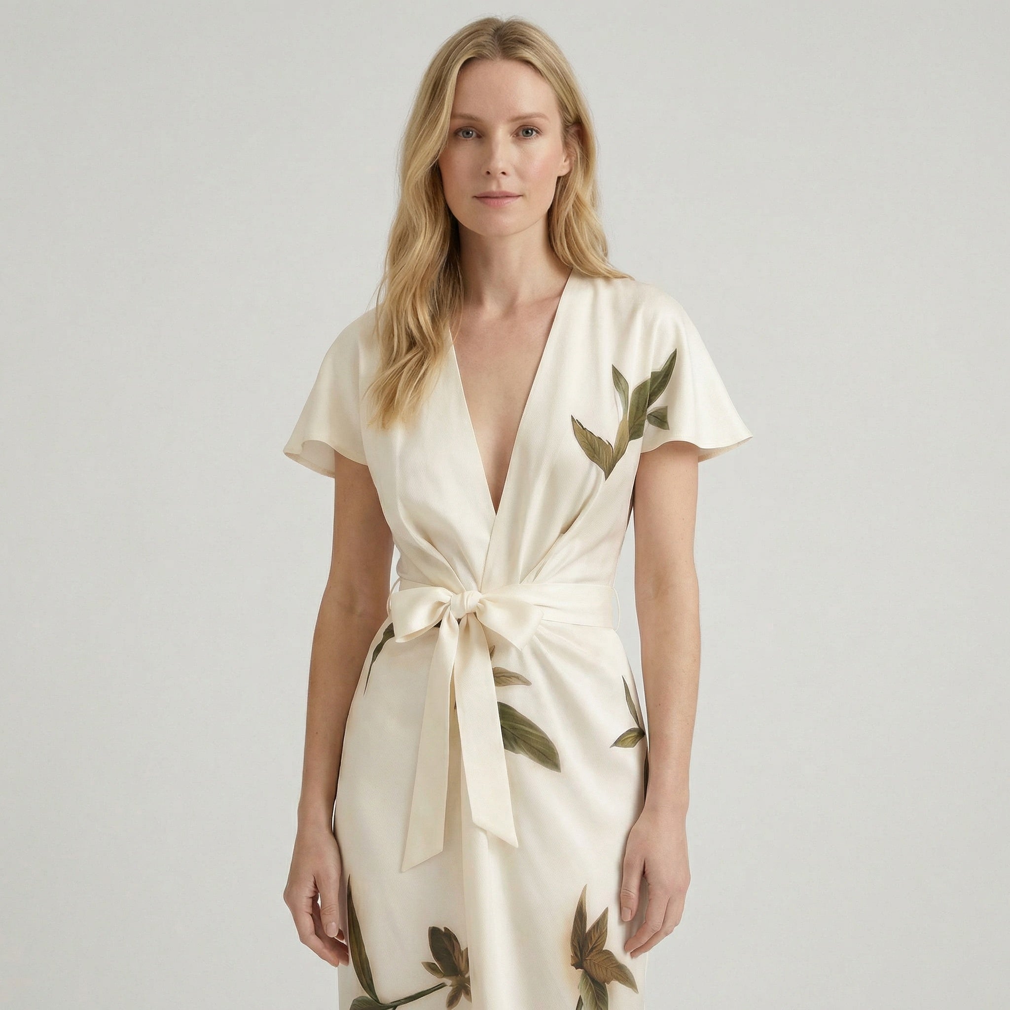 Floral wrap midi dress with flutter sleeves, back view