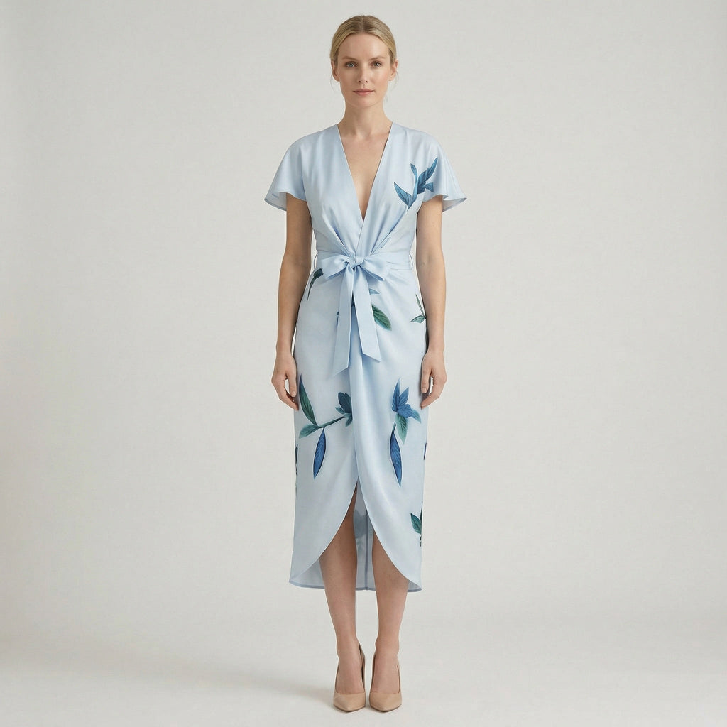 Floral wrap midi dress, full length botanical print silhouette