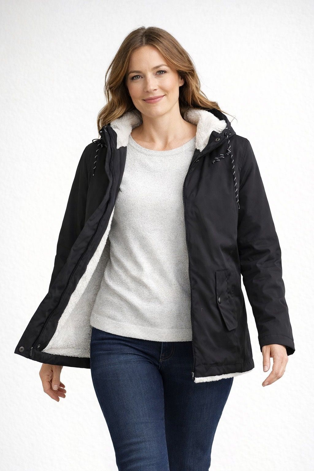 Black Fleece-Lined Hooded Jacket, front view