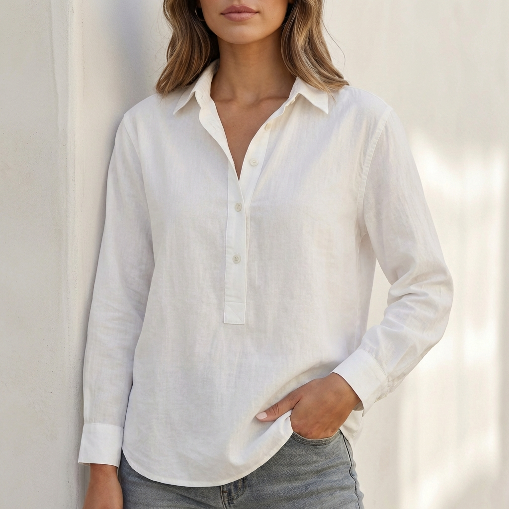 Women's relaxed fit linen shirt in white – V-neck long sleeve blouse front view