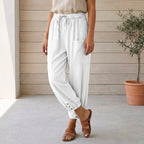 Women's high-waisted cropped linen trousers, back view