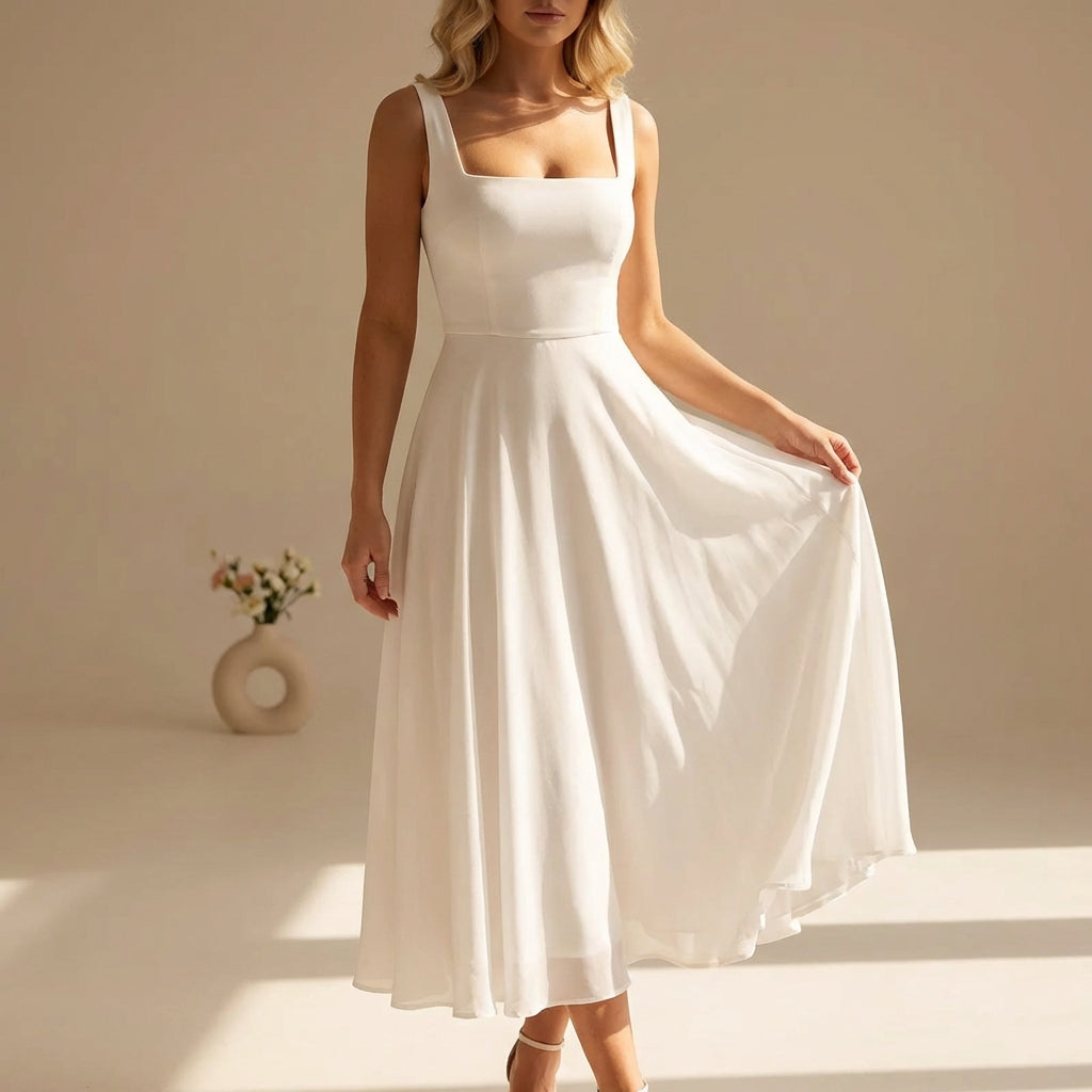 Women's square neck sleeveless chiffon midi dress in white – front view