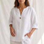 Cotton Linen V-Neck Blouse with Button Front and Cuffed Sleeves