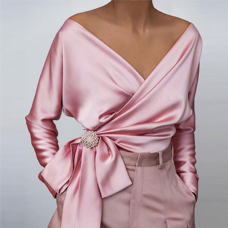 Bow detail wrap blouse women on model | Alba Muse