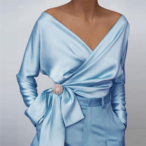 Wrap blouse bow tie front view | Alba Muse