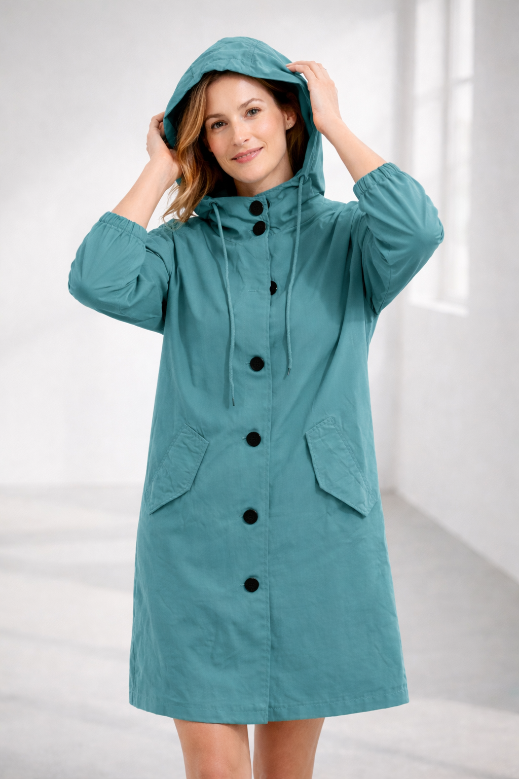 Turquoise mid-length hooded Jacket