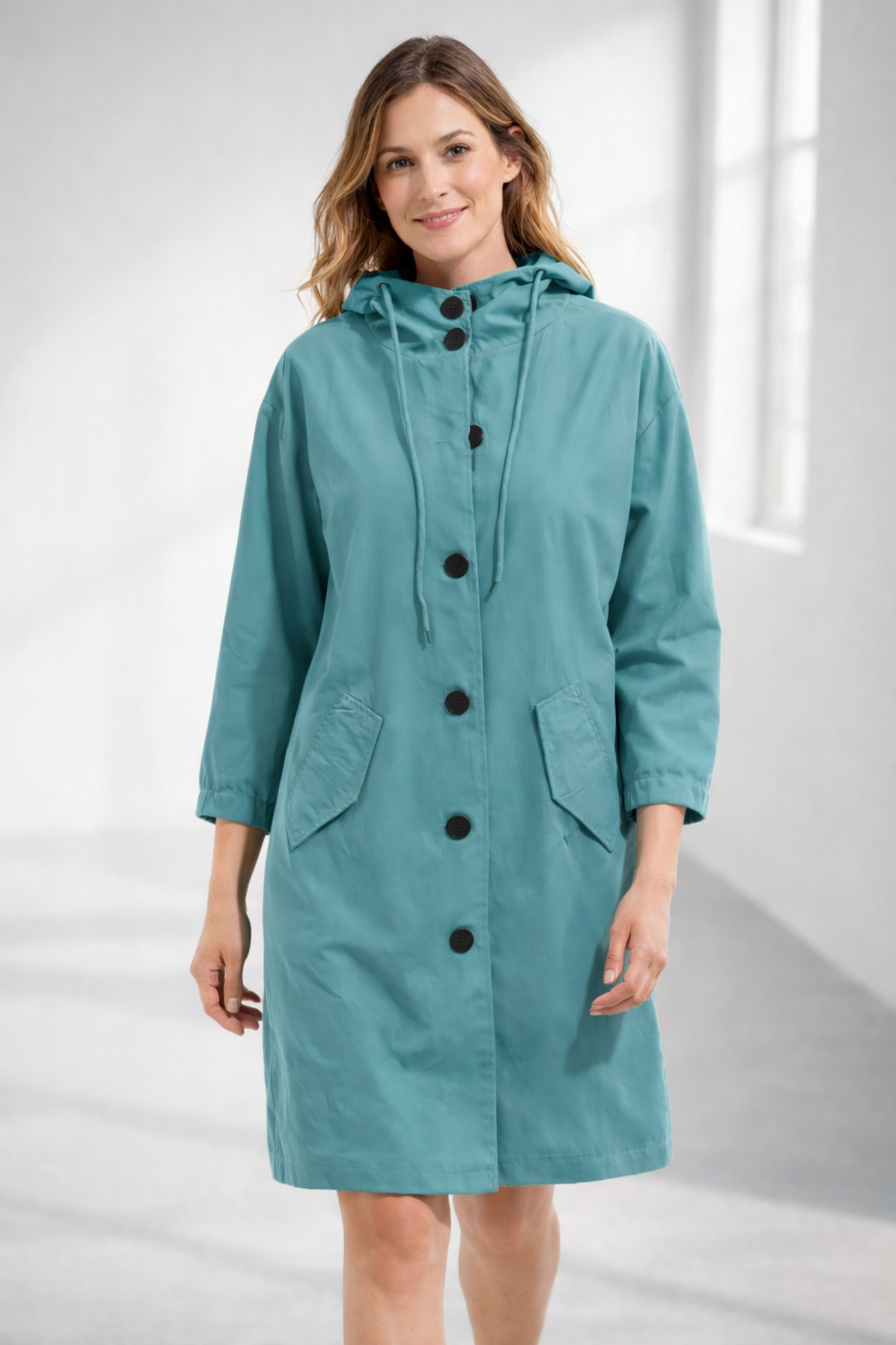 Turquoise mid-length hooded Jacket, front view