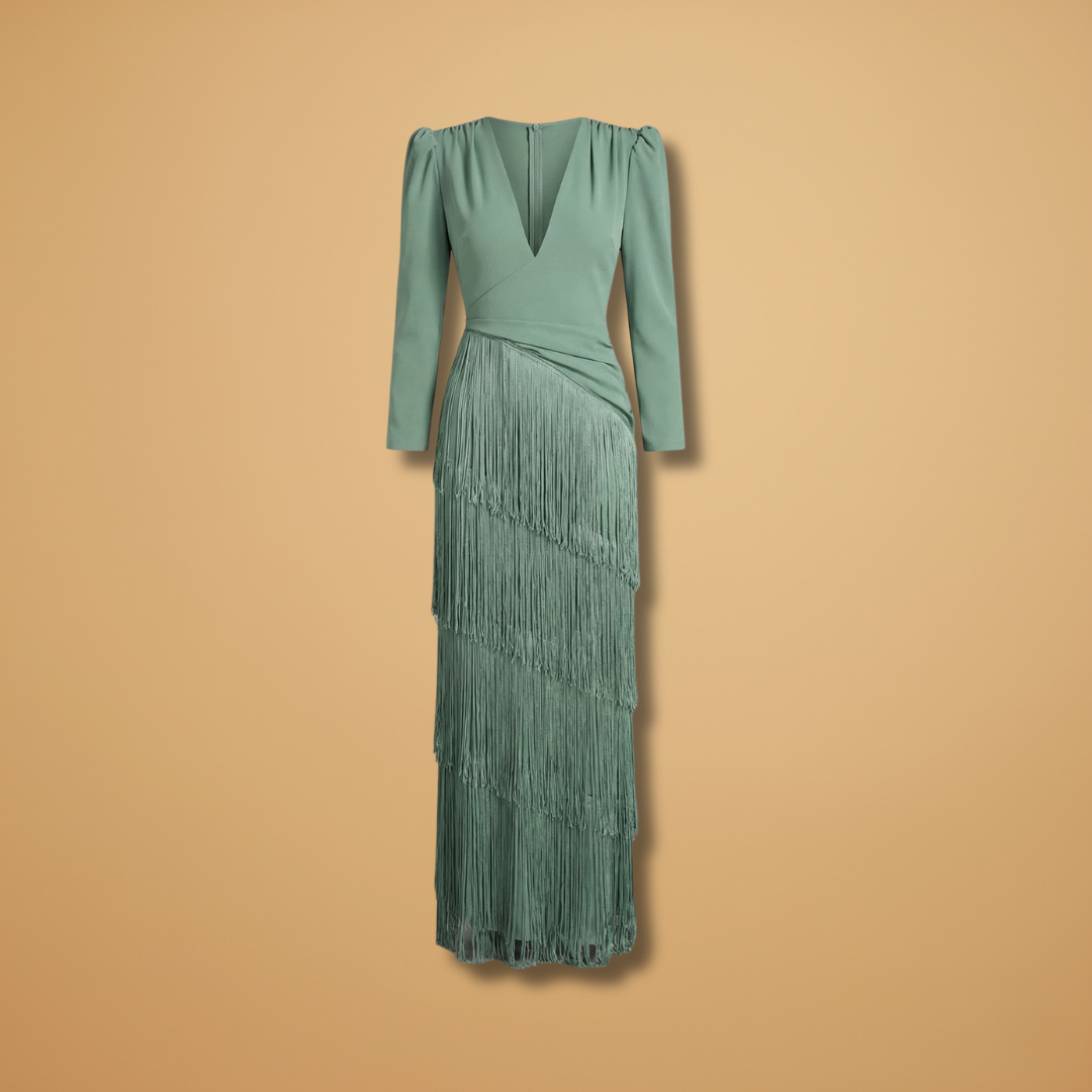 Women's V-neck long sleeve high waist pleated tassel evening dress