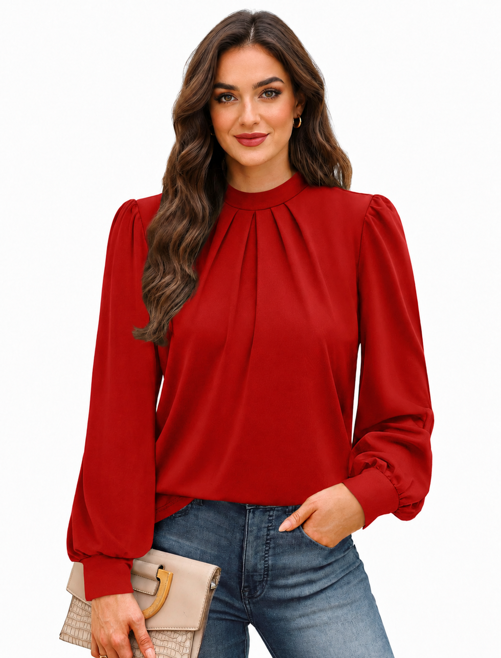 High Neck Puff Sleeve Pleated Blouse