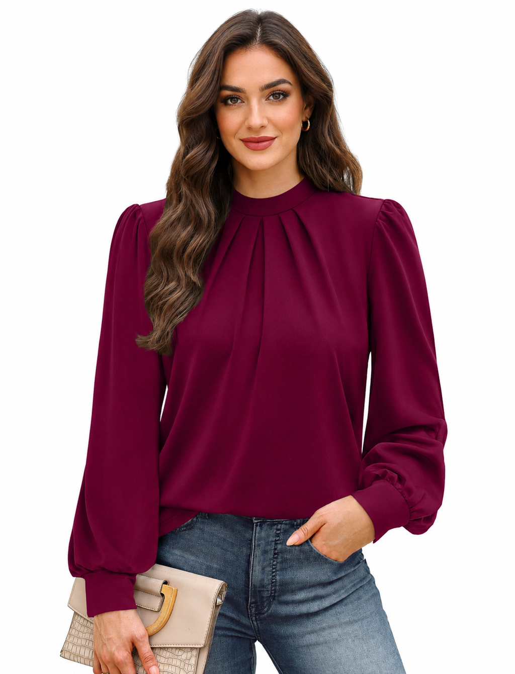 Wine Red high neck puff sleeve blouse, front view