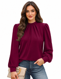 Wine Red high neck puff sleeve blouse, front view