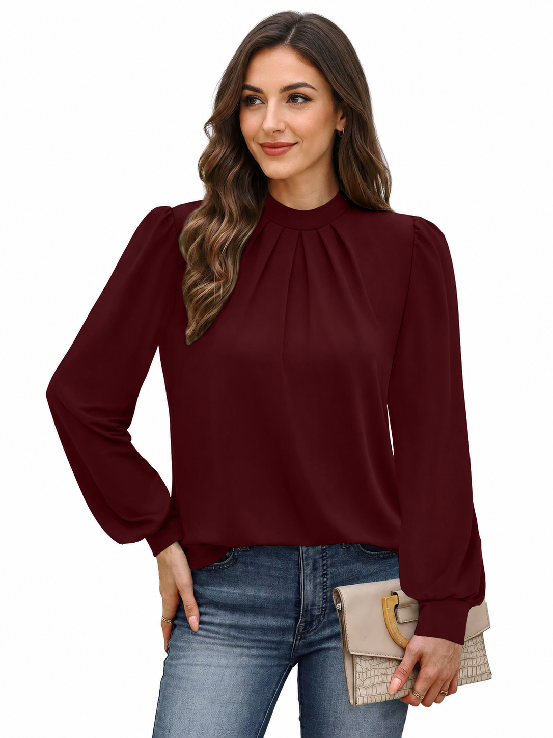 High Neck Puff Sleeve Pleated Blouse