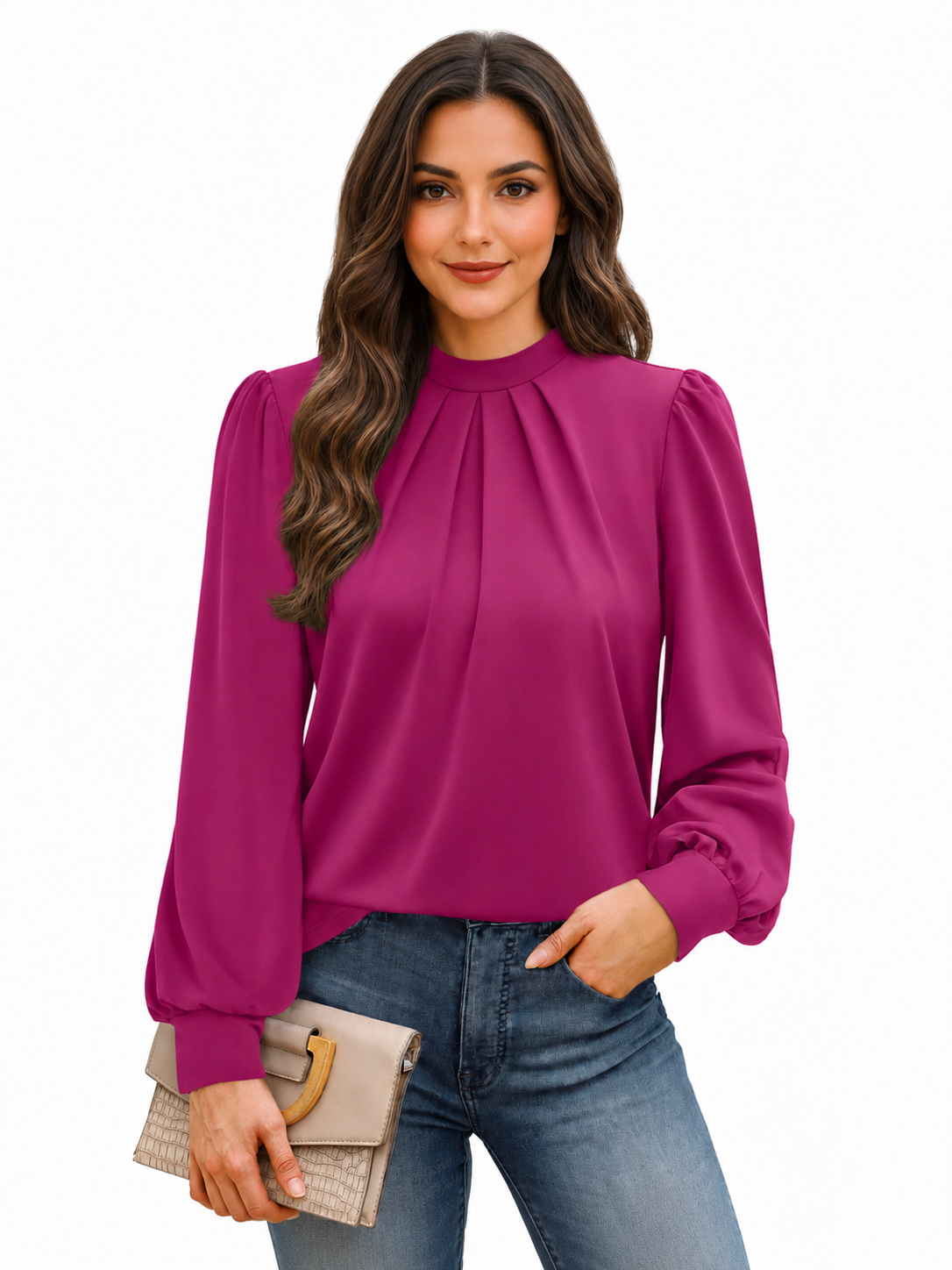 High Neck Puff Sleeve Pleated Blouse
