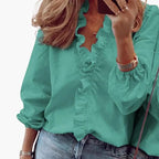 Women's elegant ruffle V-neck blouse in alternate colour, front view