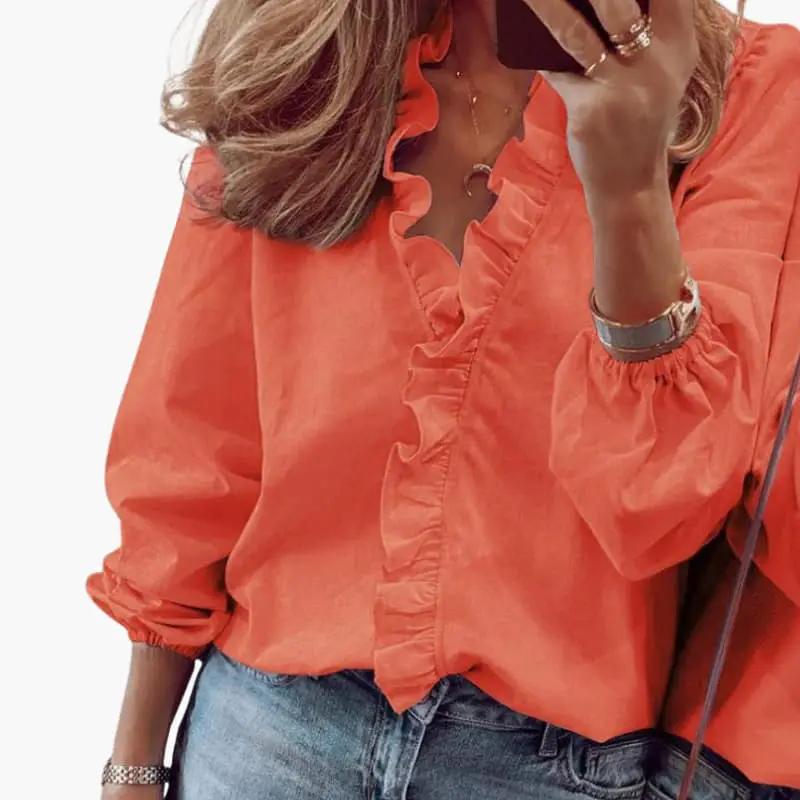Women's feminine long sleeve V-neck ruffle blouse, back view