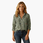 Women's long sleeve smart casual shirt, full-length front view