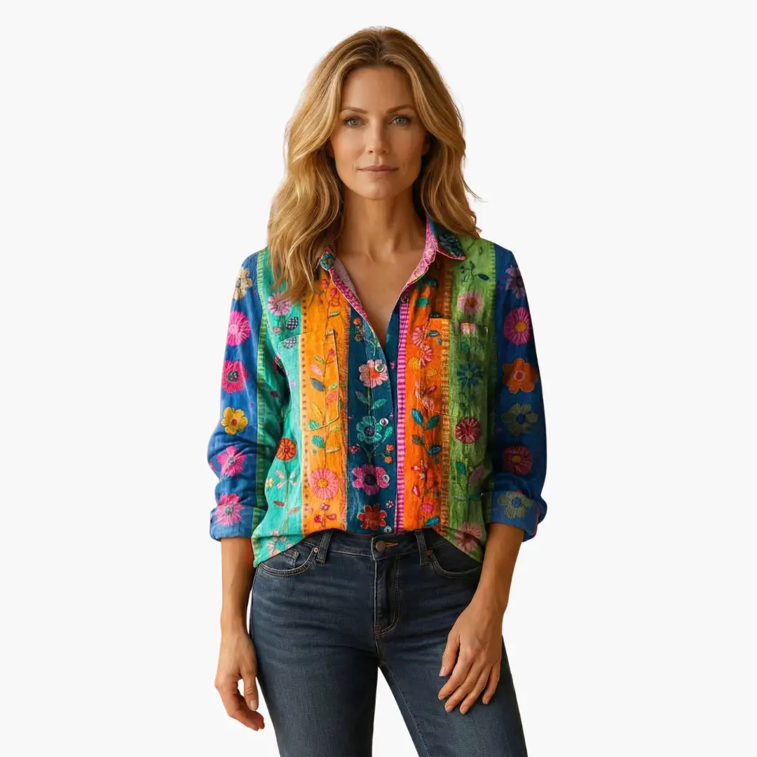 Women's classic button-down woven shirt, full-length styled view