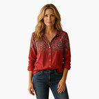 Women's long sleeve button-down shirt showing classic collar and smooth woven fabric