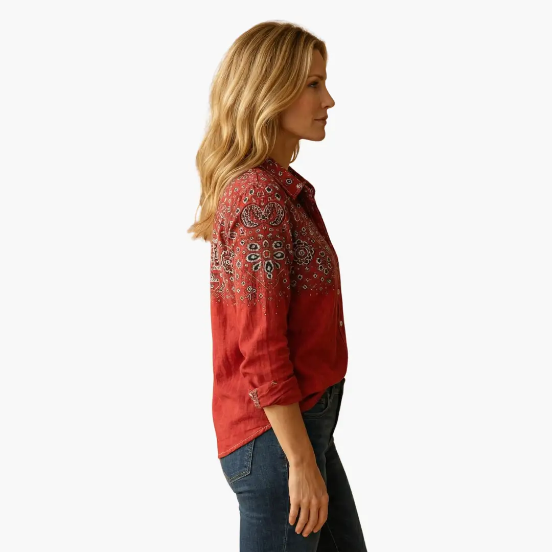 Women's classic collar shirt with button-down front, hip-length cut, side view