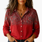 Women's classic collar button-down long sleeve shirt in neutral colour, smart casual style, front view