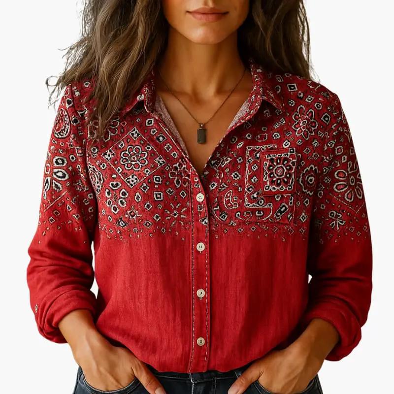 Women's classic collar button-down long sleeve shirt in neutral colour, smart casual style, front view