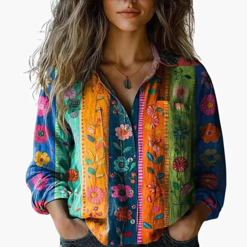 Women's classic collar button-down long sleeve shirt, back view