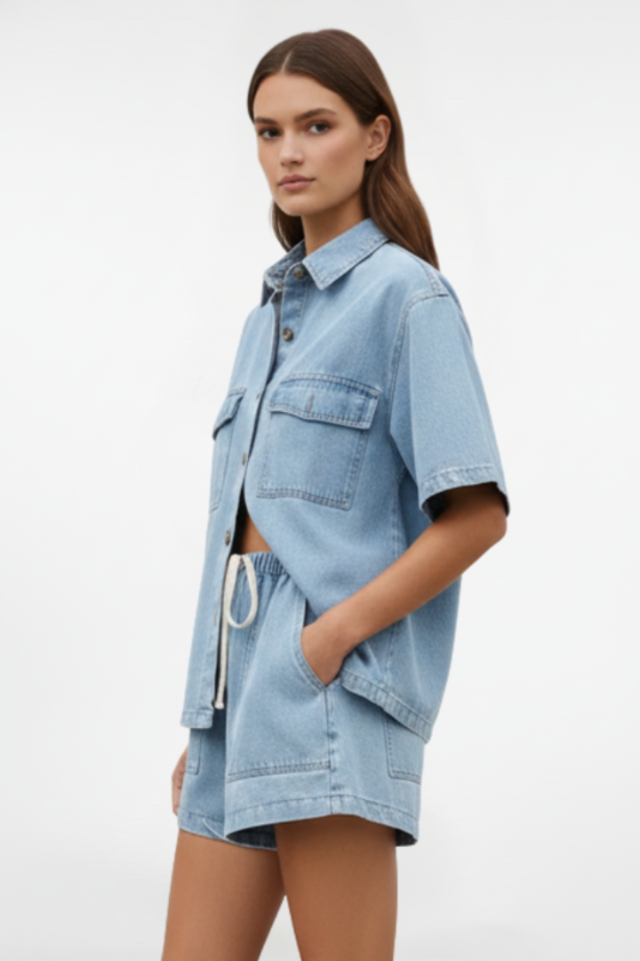 Women’s Denim Set with Short-Sleeve Shirt Jacket and Shorts