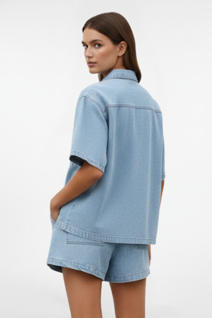 Women’s Denim Set with Short-Sleeve Shirt Jacket and Shorts