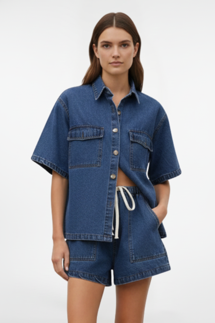 Women’s Denim Set with Short-Sleeve Shirt Jacket and Shorts