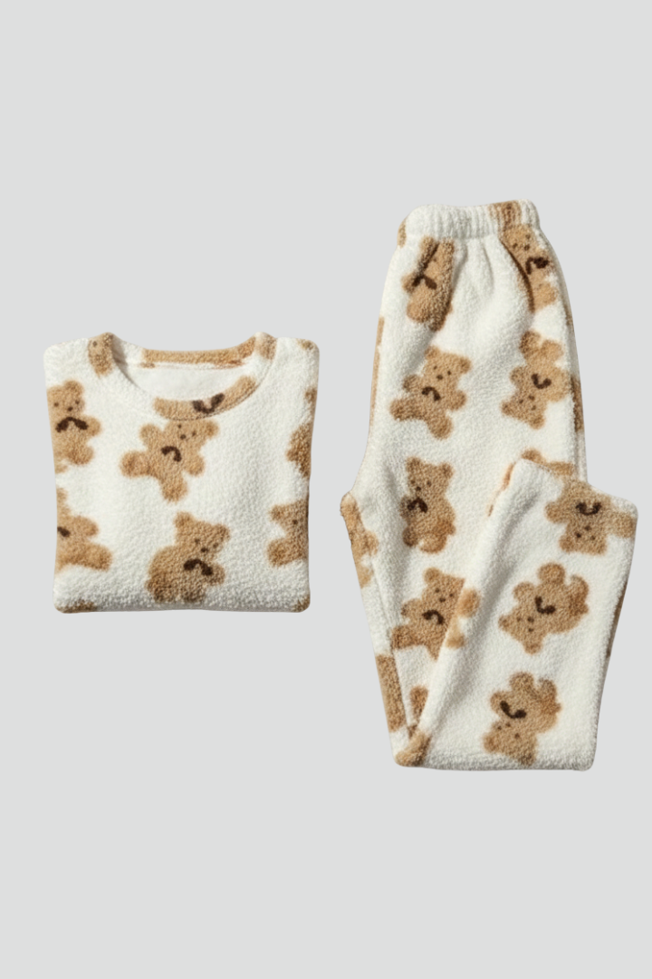 Women’s Fleece Pajama Set with Bear Print and Elastic Waist
