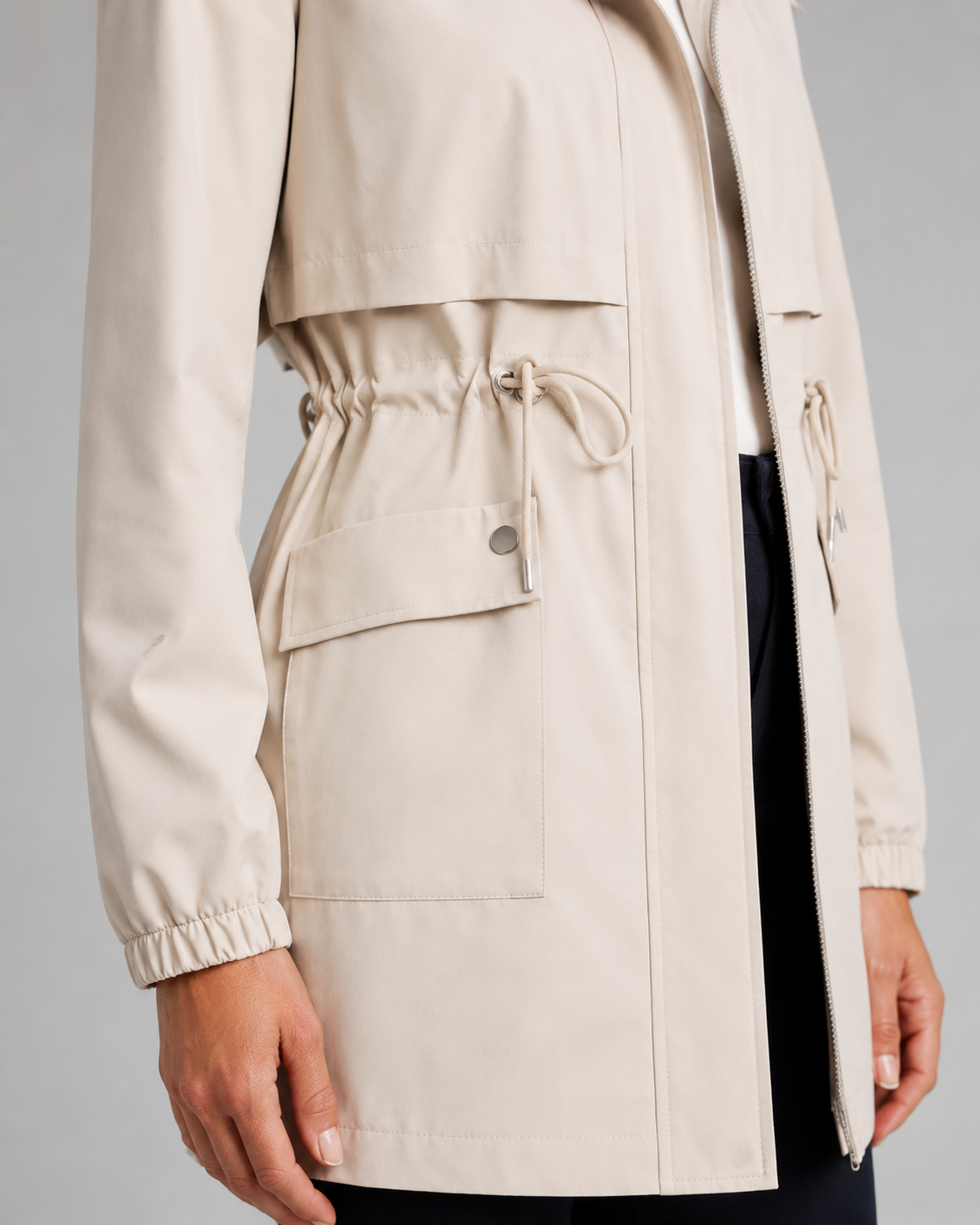 Beige hooded windbreaker coat